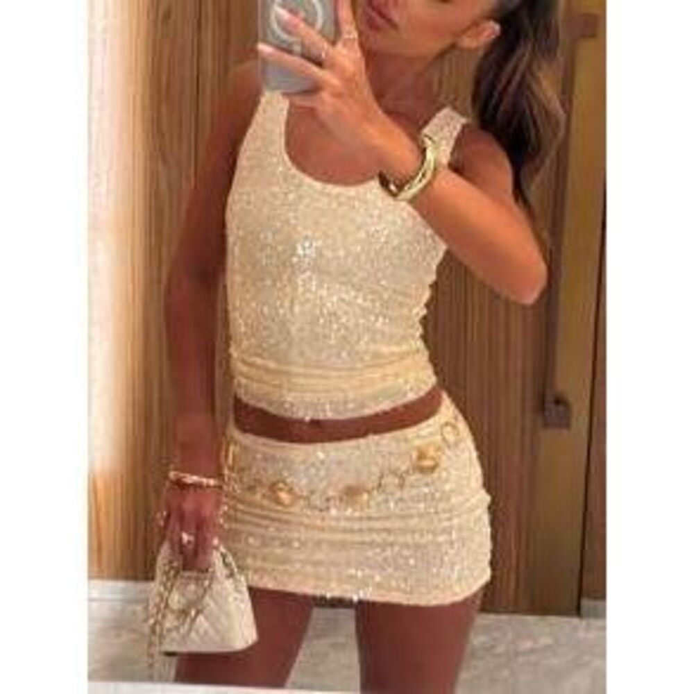 Women Summer Sequin Outfits Y2K Sequin Sleeveless Scoop Neck Crop Tank Tops And…